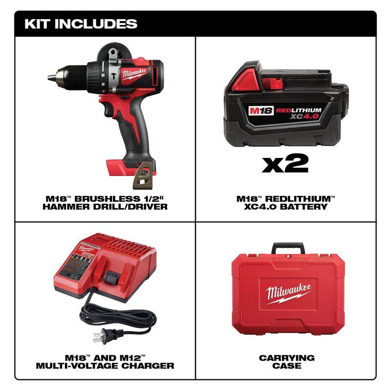 Milwaukee M18 18V Taladro/Percutor inalámbrico compacto sin escobillas de 1/2 pulgadas con baterías de 4.0Ah y estuche rígido - 2902-22.