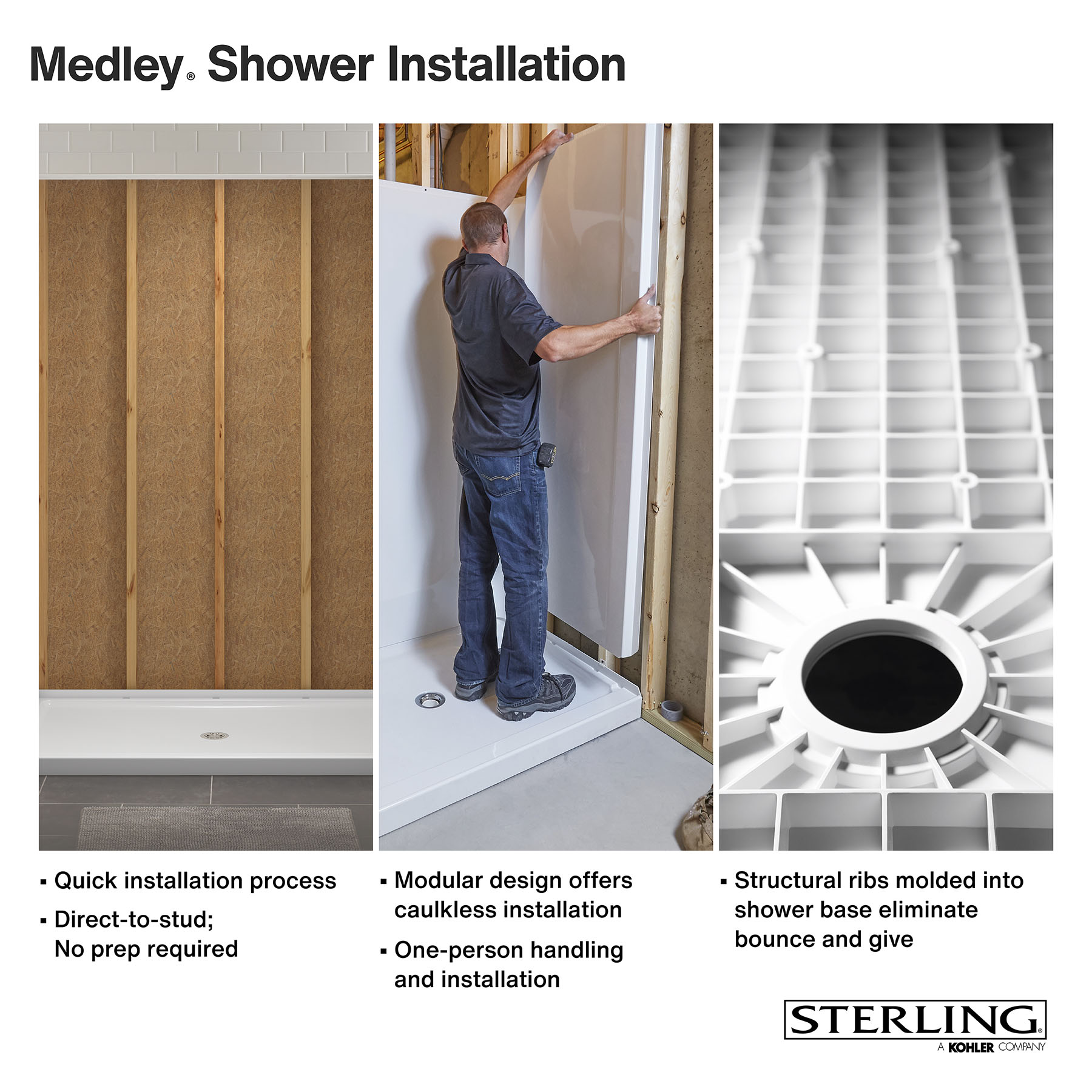 Panel de pared trasera para regadera encajable de una pieza directo al montante Sterling Medley de 48 pulgadas de ancho x 34 pulgadas de profundidad x 70.75 pulgadas de altura en color blanco 72412800-0