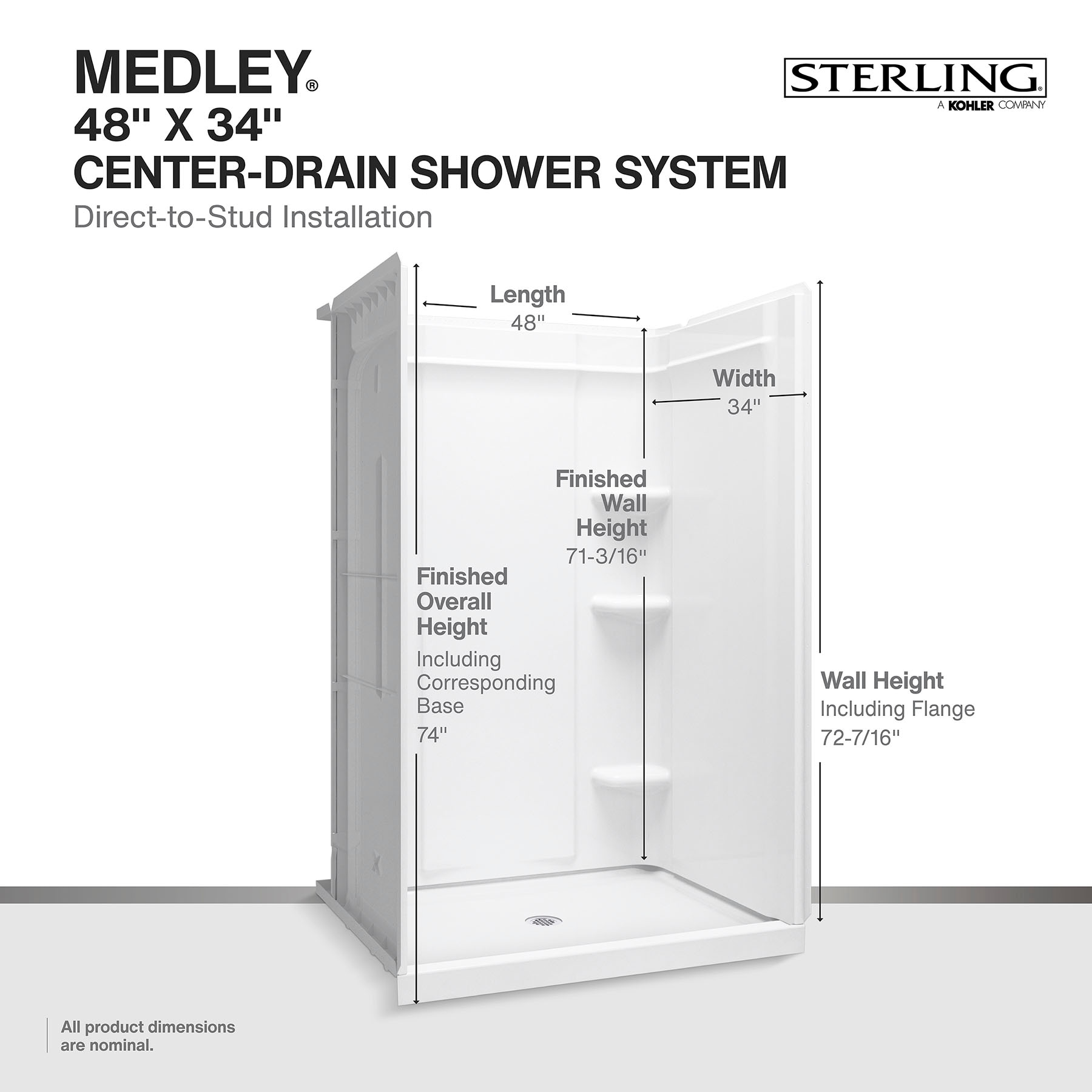 Panel de pared trasera para regadera encajable de una pieza directo al montante Sterling Medley de 48 pulgadas de ancho x 34 pulgadas de profundidad x 70.75 pulgadas de altura en color blanco 72412800-0