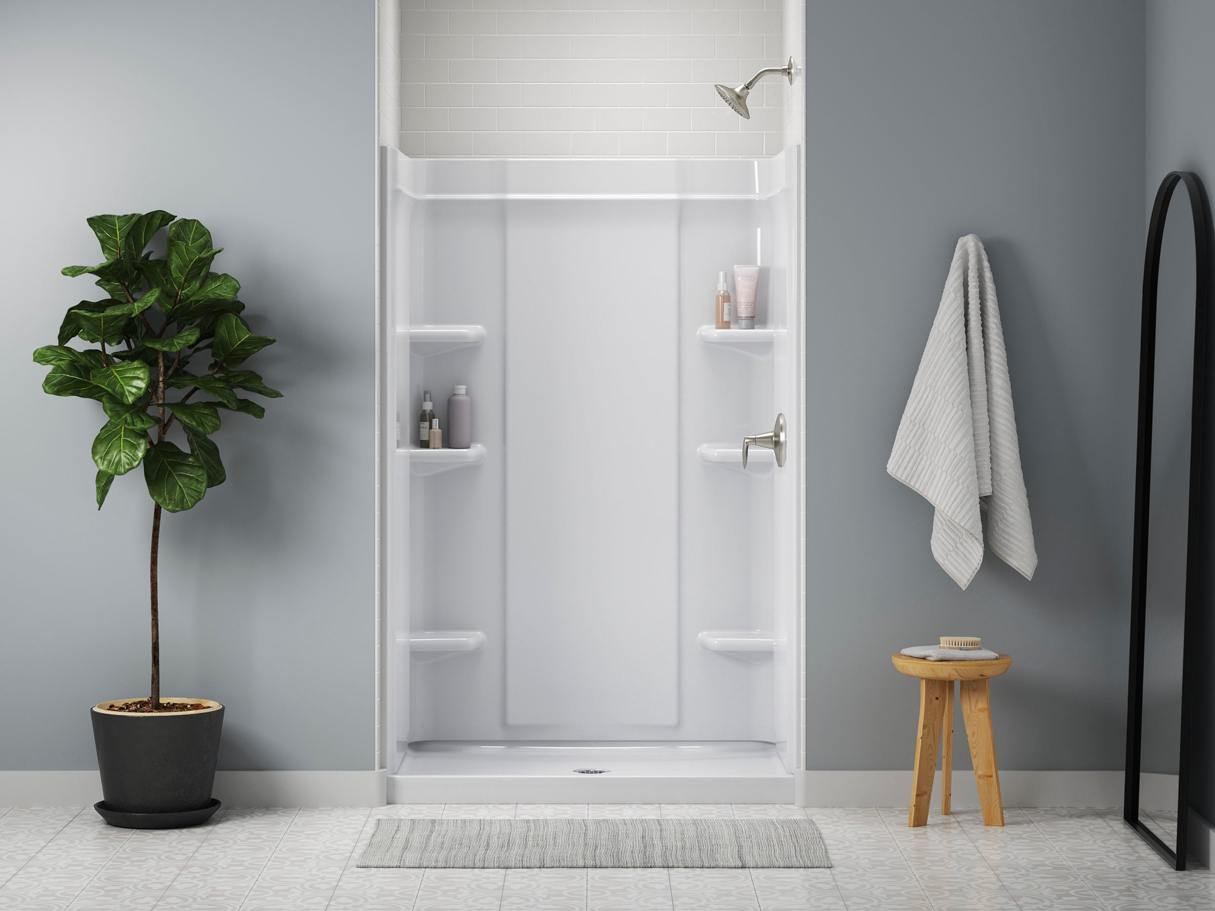 Panel de pared trasera para regadera encajable de una pieza directo al montante Sterling Medley de 48 pulgadas de ancho x 34 pulgadas de profundidad x 70.75 pulgadas de altura en color blanco 72412800-0