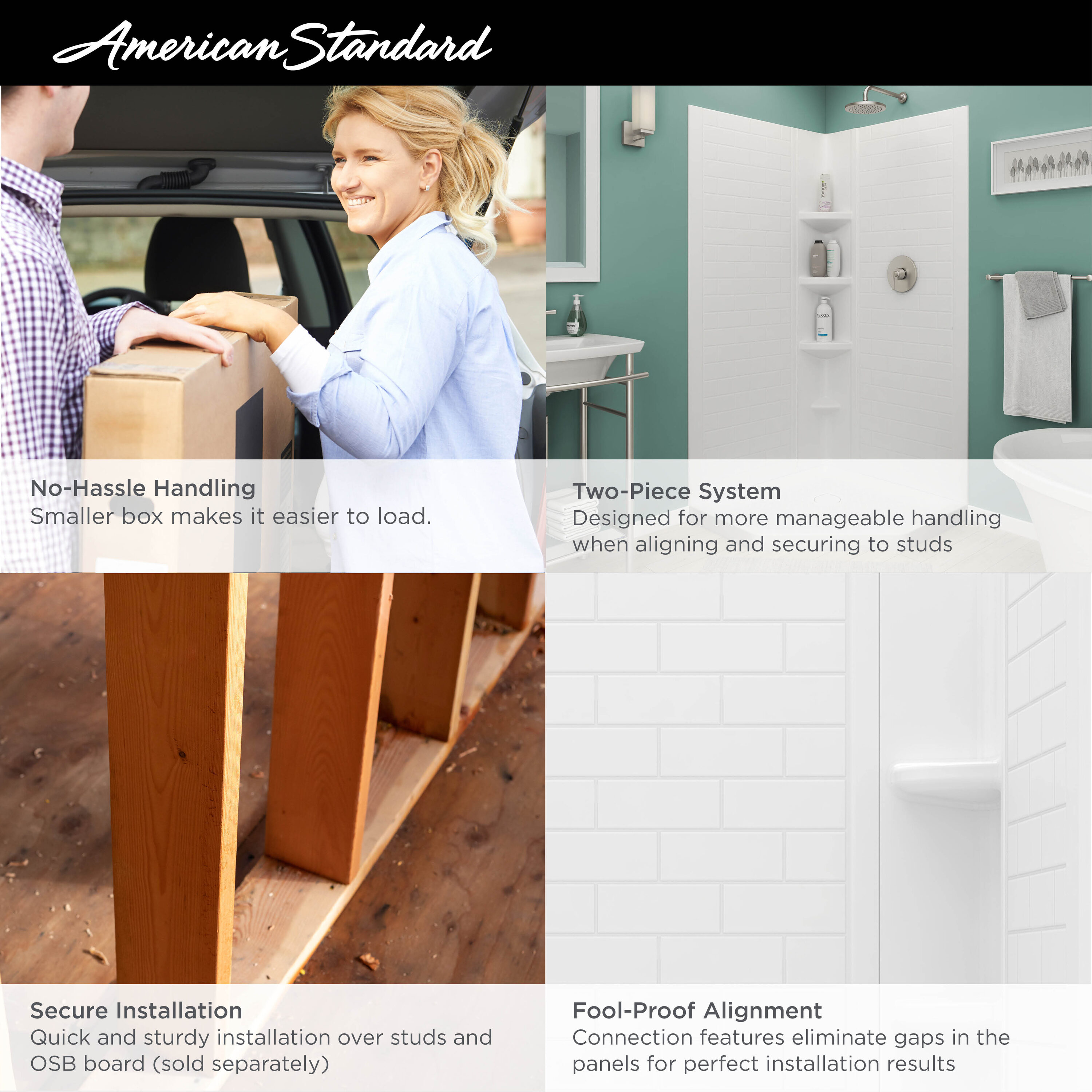 Panel de pared para esquina de ducha American Standard Elevate de 38 pulgadas de ancho x 38 pulgadas de profundidad x 72 pulgadas de altura en blanco ártico de 3 piezas para pegar 2947SWT38.011.