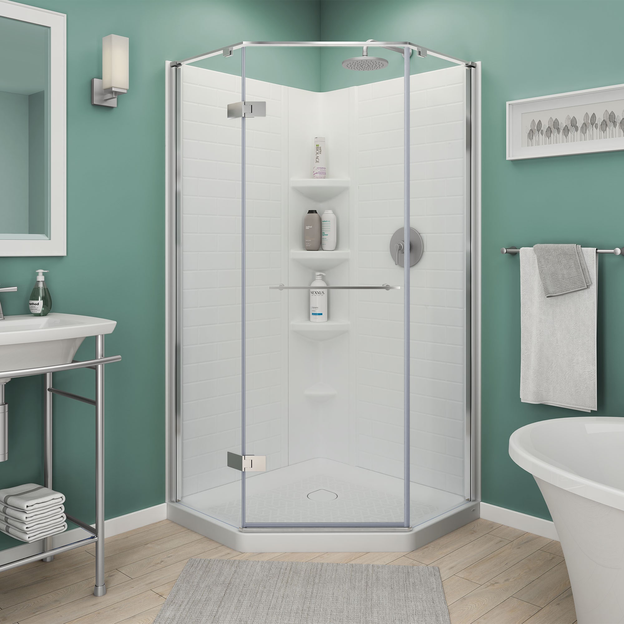 Panel de pared para esquina de ducha American Standard Elevate de 38 pulgadas de ancho x 38 pulgadas de profundidad x 72 pulgadas de altura en blanco ártico de 3 piezas para pegar 2947SWT38.011.