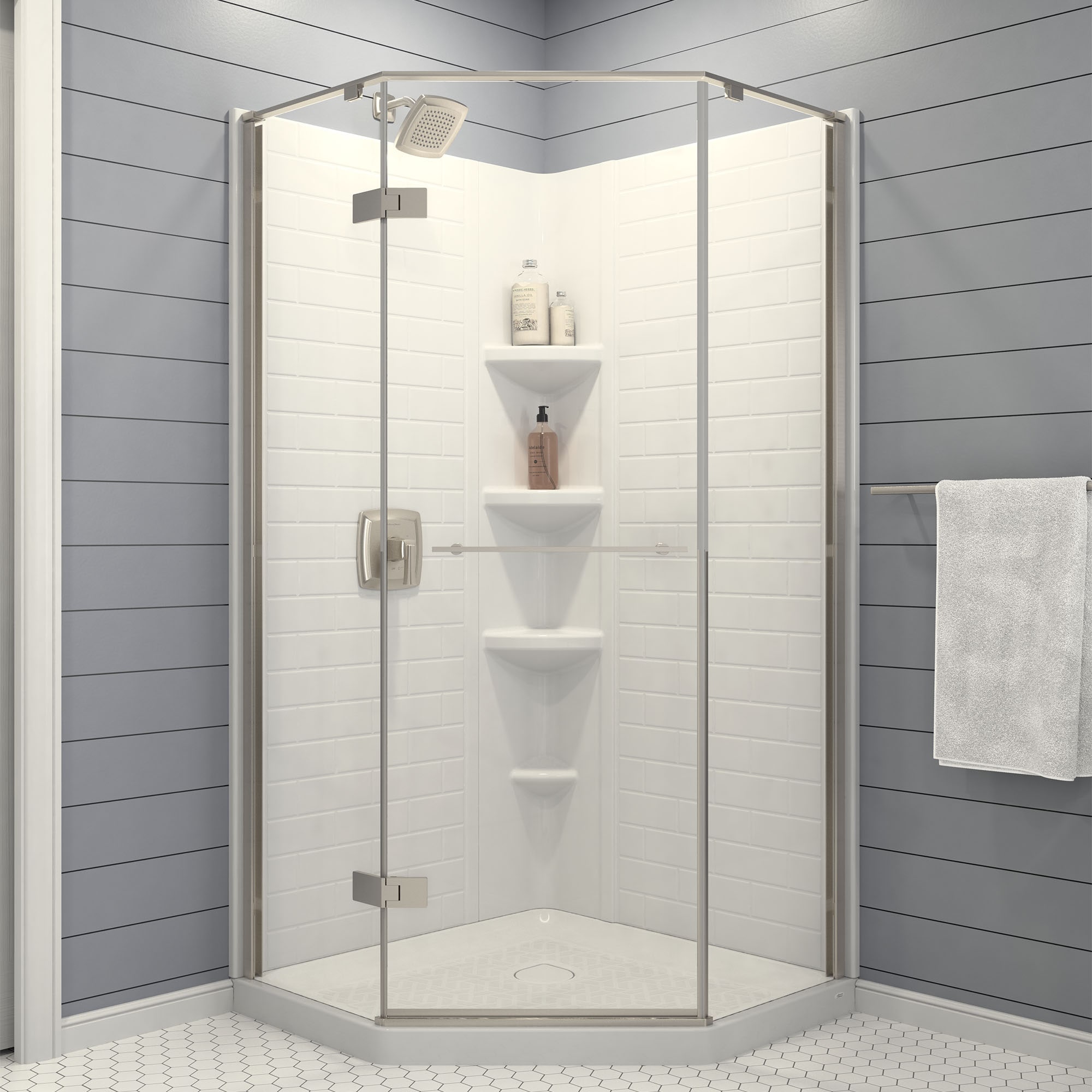 Panel de pared para esquina de ducha American Standard Elevate de 38 pulgadas de ancho x 38 pulgadas de profundidad x 72 pulgadas de altura en blanco ártico de 3 piezas para pegar 2947SWT38.011.
