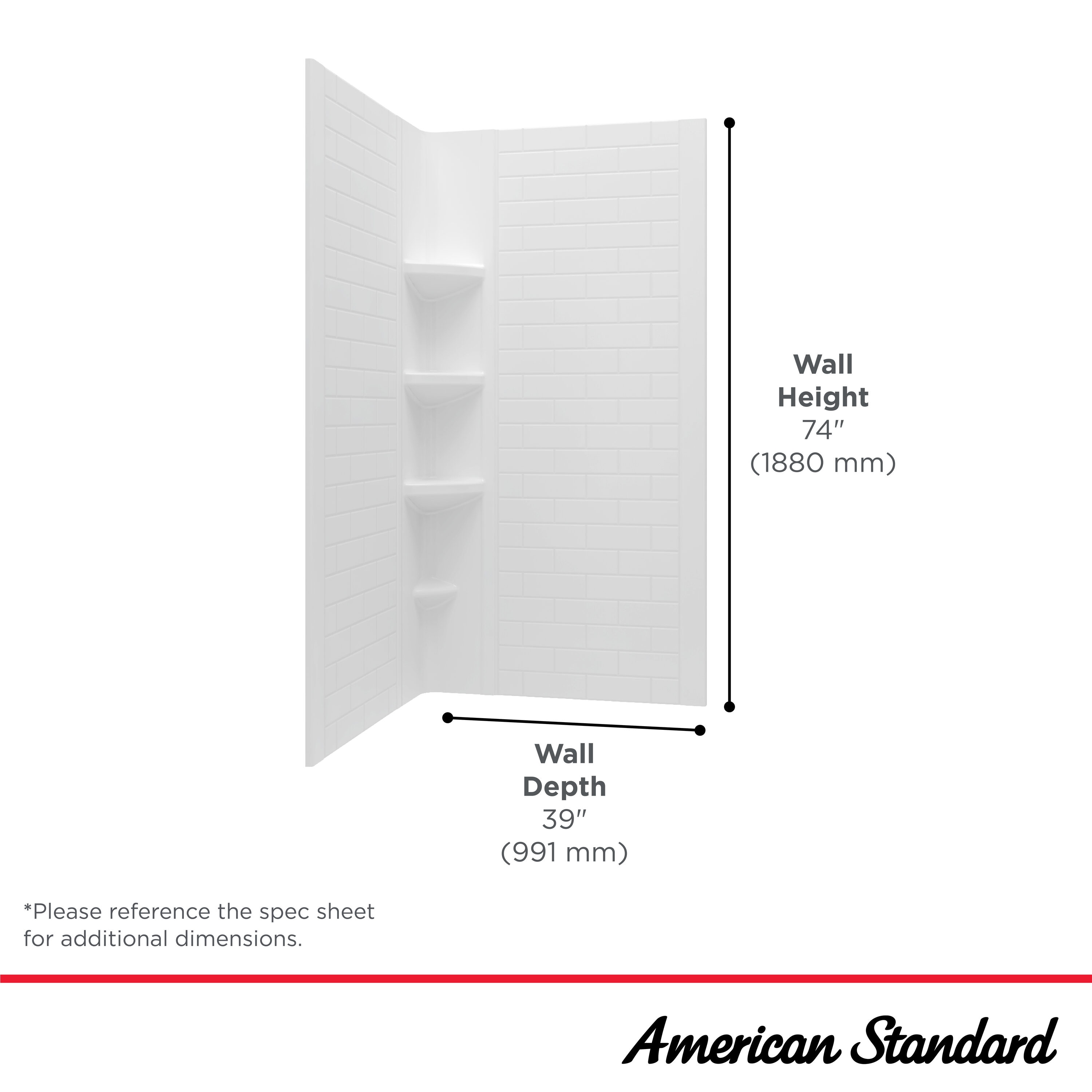 Panel de pared para esquina de ducha American Standard Elevate de 38 pulgadas de ancho x 38 pulgadas de profundidad x 72 pulgadas de altura en blanco ártico de 3 piezas para pegar 2947SWT38.011.
