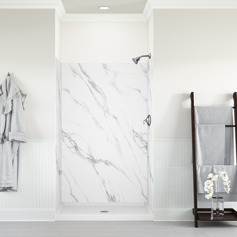 Revestimiento de pared de ducha alcoba de mármol blanco Carrara de 9 piezas, adherido, de 48 pulgadas de ancho x 34 pulgadas de profundidad x 78 pulgadas de altura de allen + roth