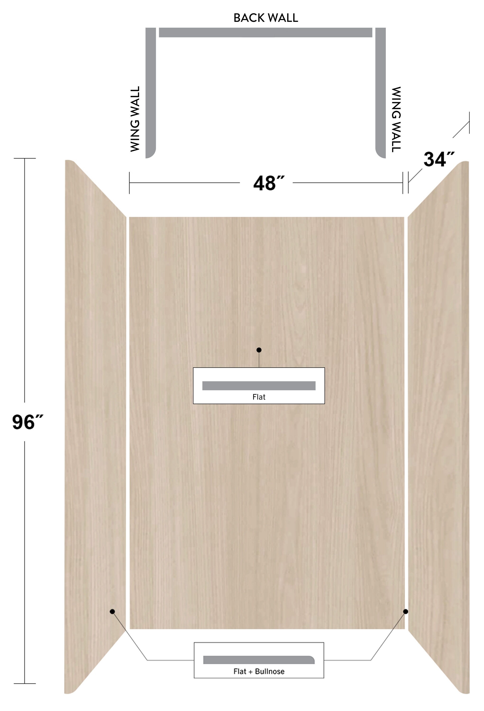 Kit de paneles de ducha empotrados encolados de alcar albergue de 48 pulgadas de ancho por 34 pulgadas de profundidad por 96 pulgadas de altura en Elm Noruego 3.0 de Wetwall Wilsonart.