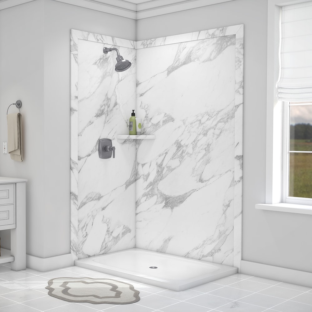 Panel de pared de esquina para la ducha FlexStone Elegance 2, 48 pulgadas de ancho x 36 pulgadas de profundidad x 80 pulgadas de altura, color blanco Calacatta 2.0 de 2 piezas