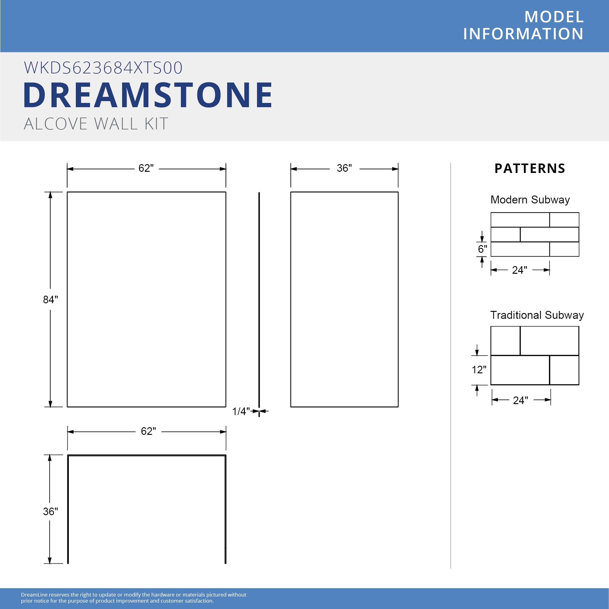 Kit de panel de ducha encolado para alcoba DreamLine DreamStone de 62 pulgadas de ancho x 36 pulgadas de profundidad x 84 pulgadas de altura en color blanco 3.0 piezas
