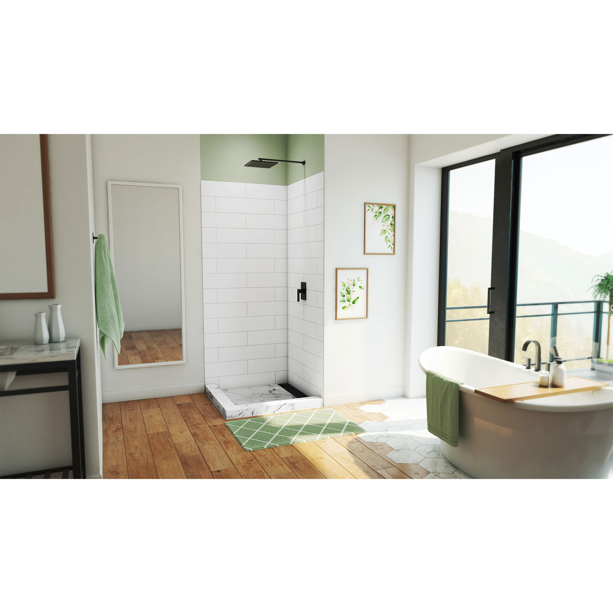 Panel de pared esquinero para ducha de 36 pulgadas x 36 pulgadas x 84 pulgadas en blanco DreamStone 2.0 de DreamLine con sistema de pegamento fácil WKDS363684XMS00.