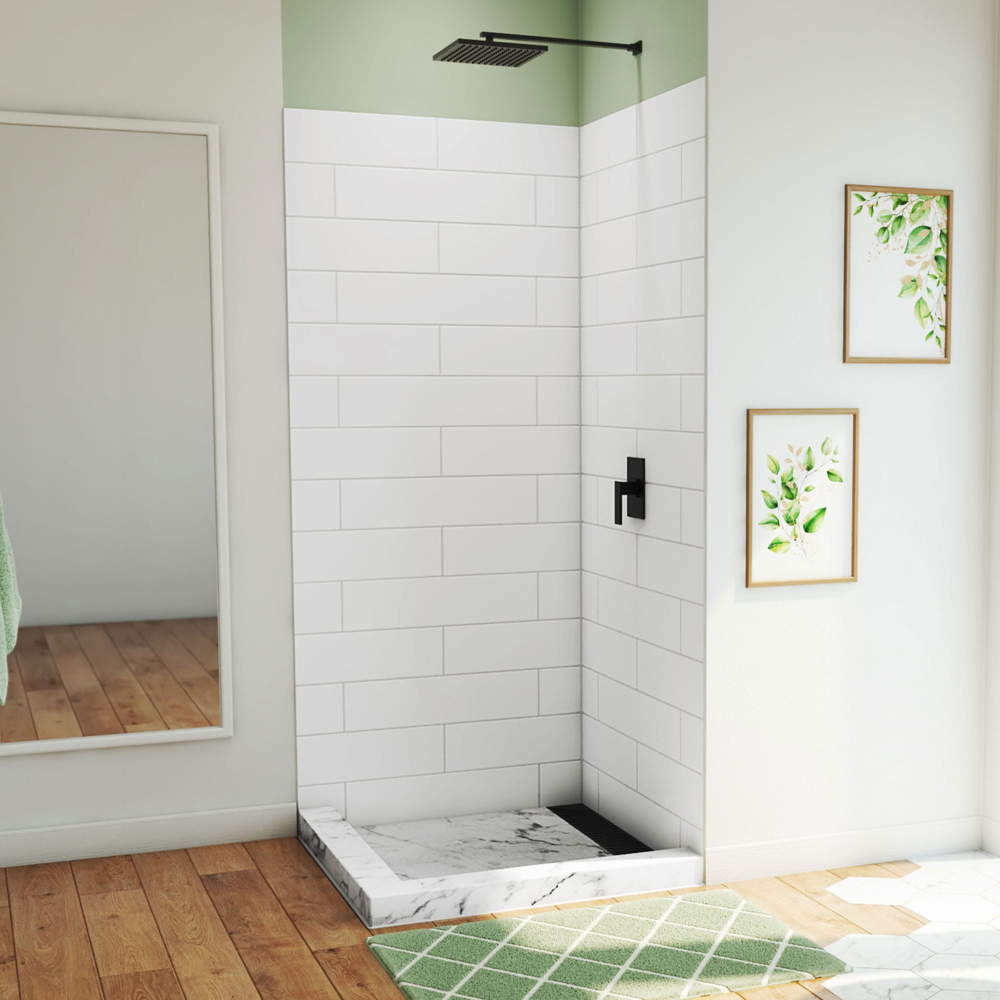 Panel de pared esquinero para ducha de 36 pulgadas x 36 pulgadas x 84 pulgadas en blanco DreamStone 2.0 de DreamLine con sistema de pegamento fácil WKDS363684XMS00.