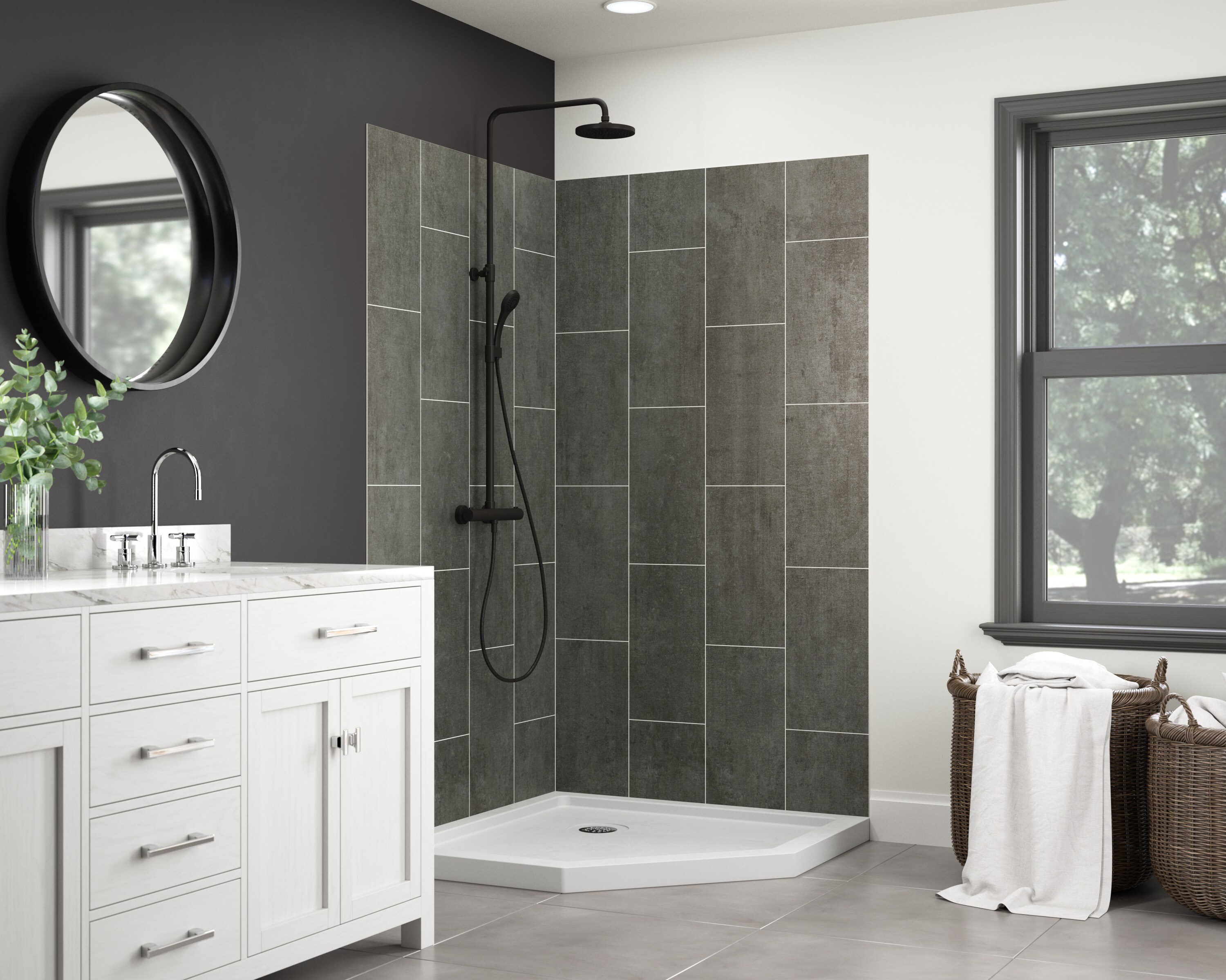 Panel de pared para esquina de ducha encolado de 2 piezas Slate 2.0 de CRAFT + MAIN Jetcoat 42 pulg. de ancho x 42 pulg. de profundidad x 78 pulg. de altura