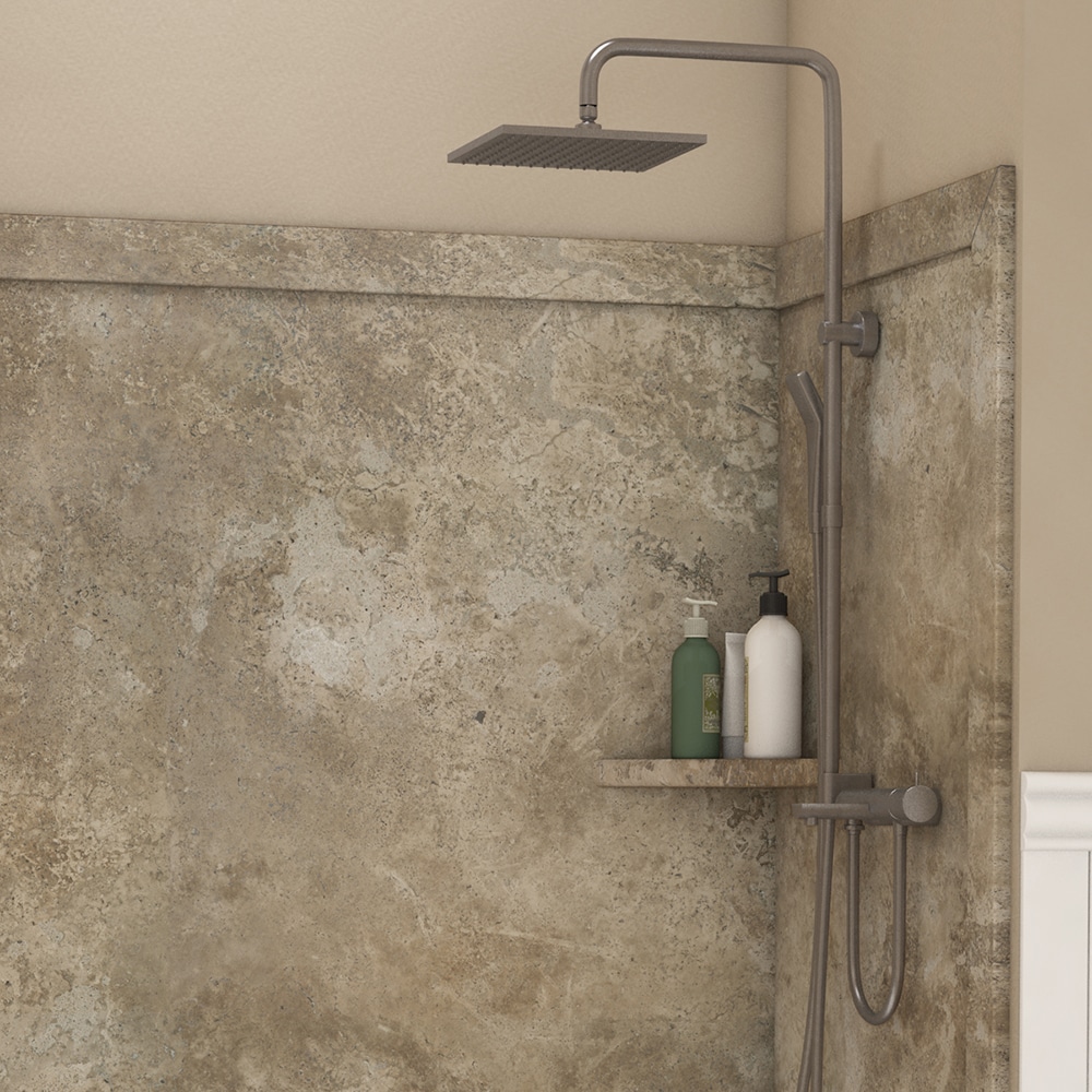 

Revestimiento de pared para regadera encajar y pegar de 3 piezas FlexStone Adaptable en Travertino Mocha de 60 pulgadas de ancho, 60 pulgadas de profundidad y 80 pulgadas de alto