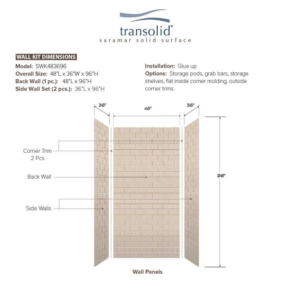 Kit de panel de ducha en alcoba Transolid SaraMar de 48 pulgadas de ancho x 36 pulgadas de profundidad x 96 pulgadas de altura en Cashew 3.0 - 3 piezas de instalación con adhesivo SWK483696-28.
