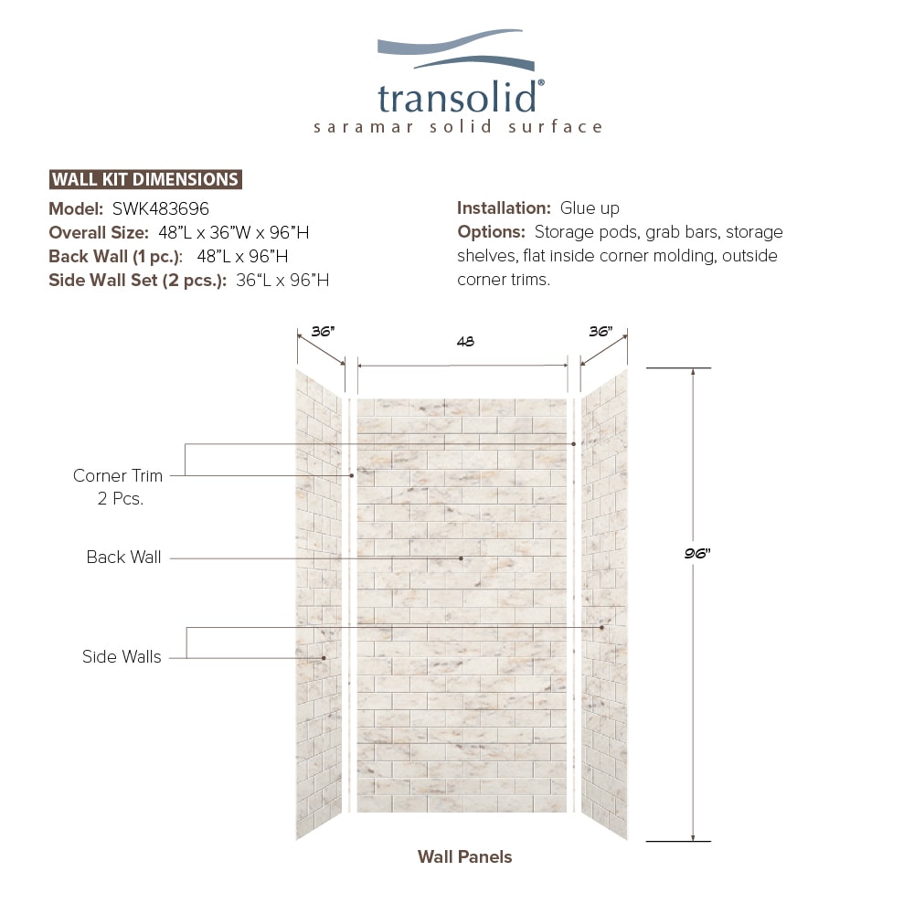 Kit de panel de ducha alcoba de 3.0 piezas Transolid SaraMar de mármol Biscotti de 48 pulgadas de ancho x 36 pulgadas de profundidad x 96 pulgadas de altura SWK483696-48