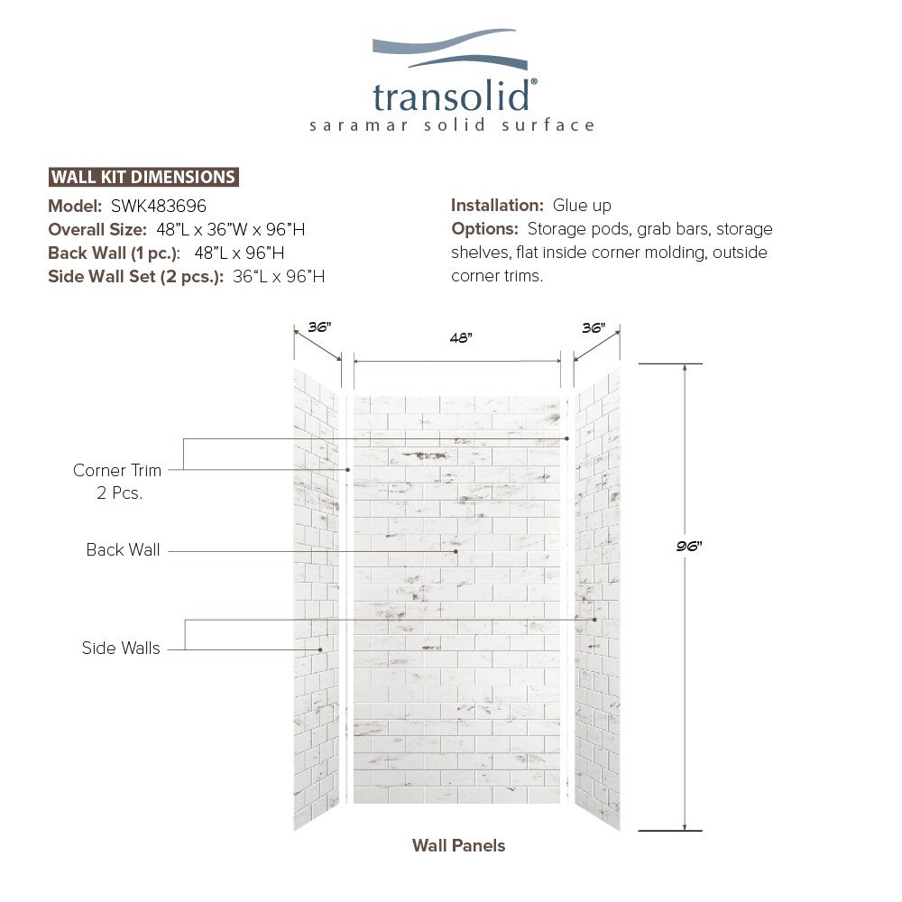 Kit de panel de ducha en almacén Transolid SaraMar de 48 pulgadas de ancho, 36 pulgadas de profundidad y 96 pulgadas de altura en acabado blanco Venito 3.0 - Piezas pegadas en alcoba SWK483696-47