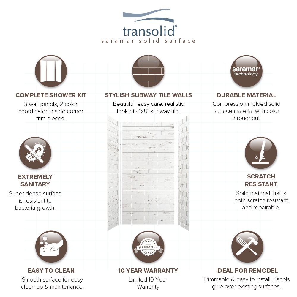 Kit de panel de ducha en almacén Transolid SaraMar de 48 pulgadas de ancho, 36 pulgadas de profundidad y 96 pulgadas de altura en acabado blanco Venito 3.0 - Piezas pegadas en alcoba SWK483696-47