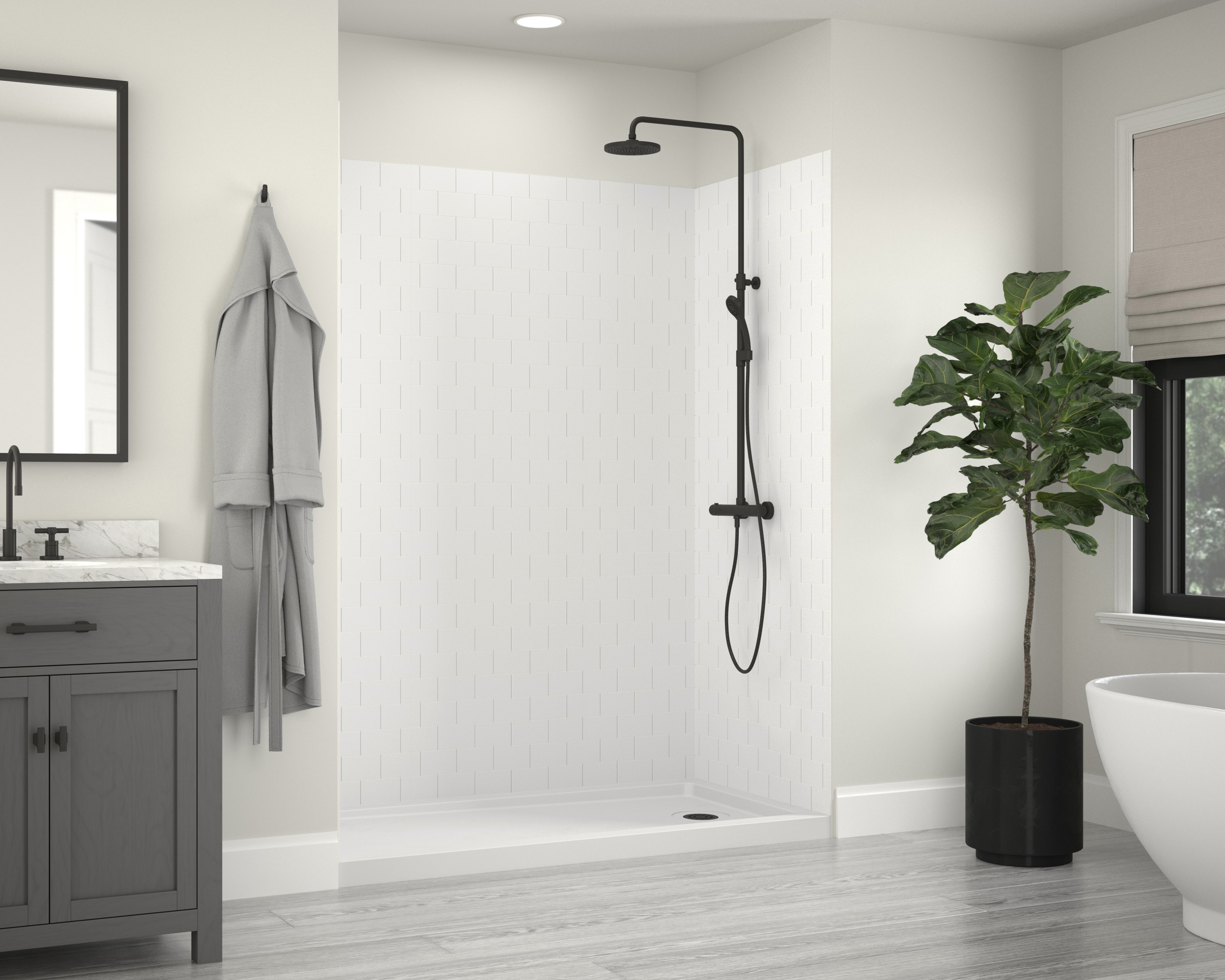Kit de panel de ducha encajonado CRAFT + MAIN Jetcoat de 60 pulgadas de ancho x 32 pulgadas de profundidad x 78 pulgadas de altura en blanco estilo subway de 5 piezas con pegamento GFS603278-WS.