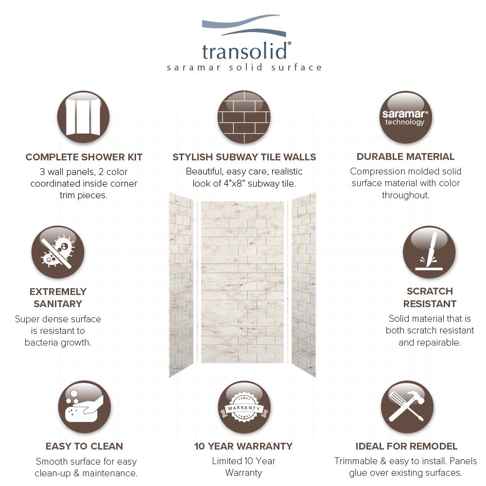 Kit de panel de ducha alcove de 3.0 piezas de mármol Biscotti Transolid SaraMar de 36 pulgadas de ancho por 36 pulgadas de profundidad por 72 pulgadas de altura SWK363672-48