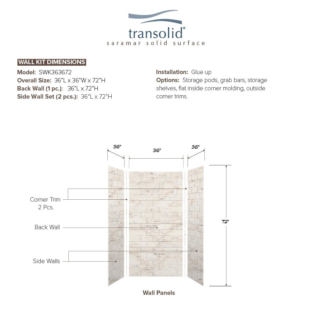 Kit de panel de ducha alcove de 3.0 piezas de mármol Biscotti Transolid SaraMar de 36 pulgadas de ancho por 36 pulgadas de profundidad por 72 pulgadas de altura SWK363672-48