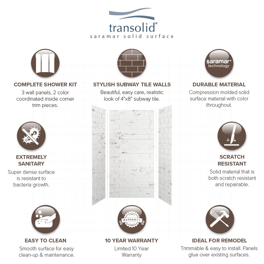Kit de panel de ducha en alcoba de 3 piezas Transolid SaraMar Blanco Venito 3.0 de 36 pulgadas de ancho x 36 pulgadas de profundidad x 72 pulgadas de altura SWK363672-47