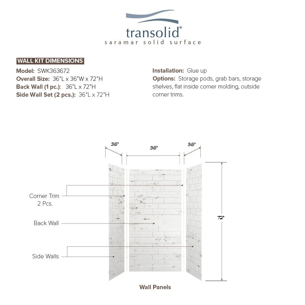 Kit de panel de ducha en alcoba de 3 piezas Transolid SaraMar Blanco Venito 3.0 de 36 pulgadas de ancho x 36 pulgadas de profundidad x 72 pulgadas de altura SWK363672-47