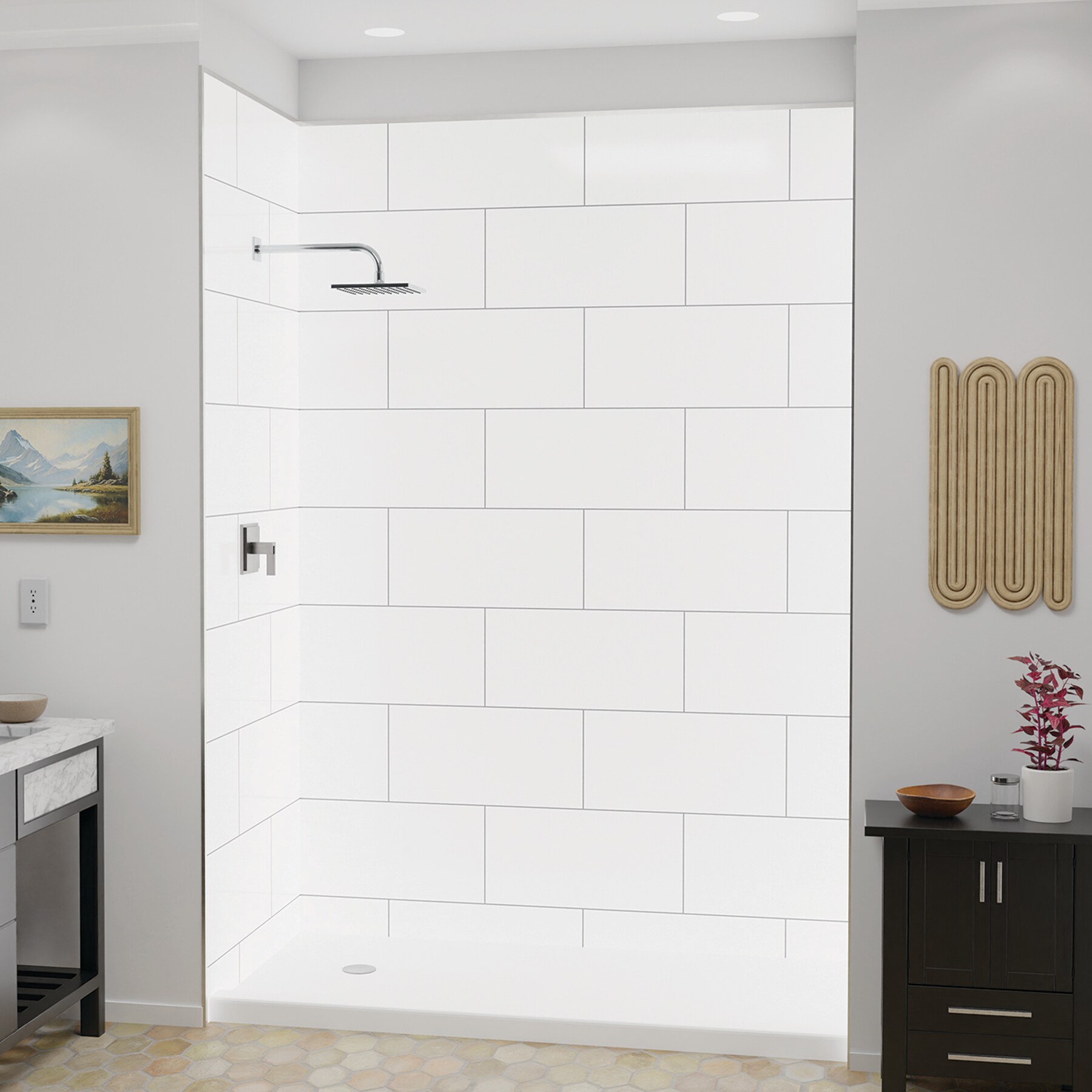 Revestimiento de pared para regadera en alcoba de 3 piezas con adherencia de pegamento, color gris y acabado en níquel cepillado, de 60 pulgadas de ancho x 36 pulgadas de profundidad x 80 pulgadas de alto, con junta de bloque FlexStone.