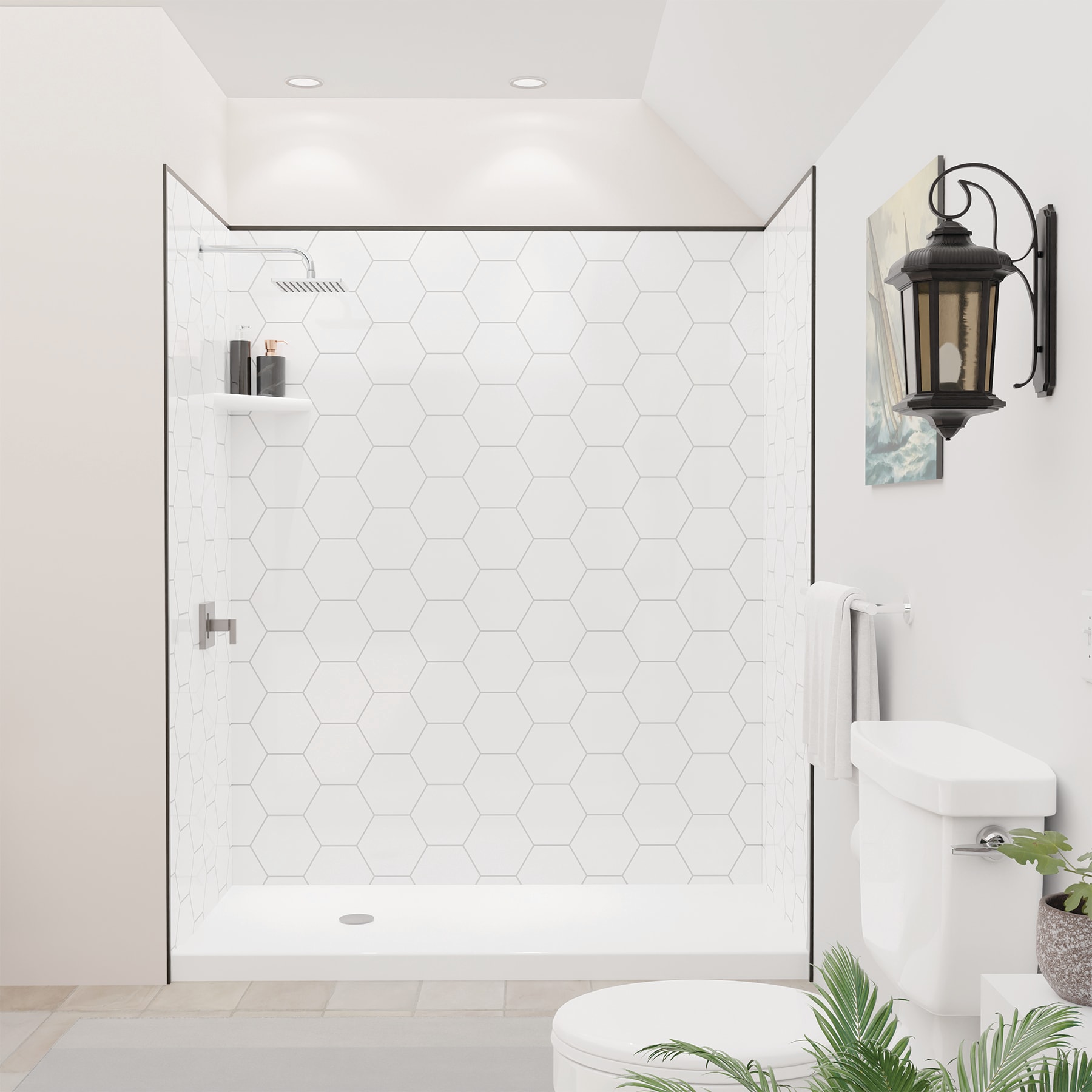 Revestimiento de pared para regadera en alcoba de 3 piezas con pegado, gris con detalles hexagonales y ribetes negros FlexStone de 60 pulgadas de ancho x 36 pulgadas de profundidad x 80 pulgadas de altura