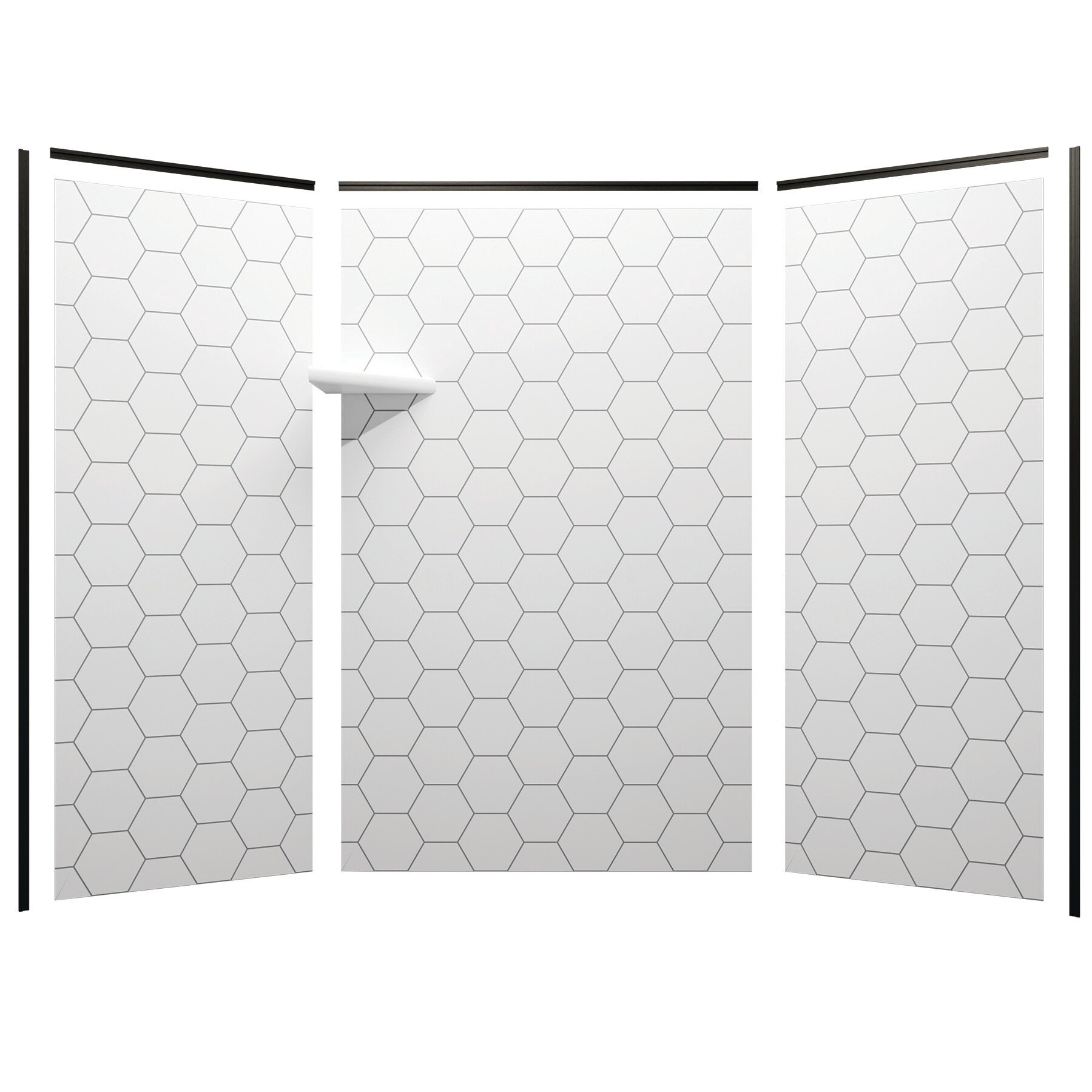 Revestimiento de pared para regadera en alcoba de 3 piezas con pegado, gris con detalles hexagonales y ribetes negros FlexStone de 60 pulgadas de ancho x 36 pulgadas de profundidad x 80 pulgadas de altura