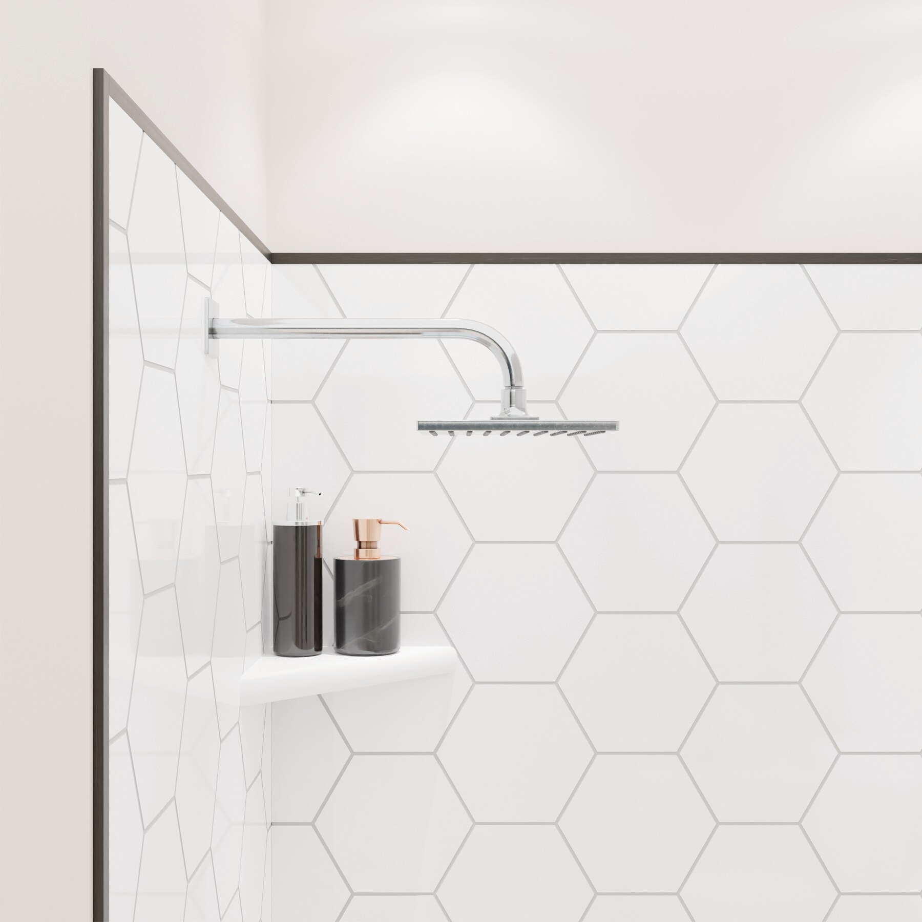 Revestimiento de pared para regadera en alcoba de 3 piezas con pegado, gris con detalles hexagonales y ribetes negros FlexStone de 60 pulgadas de ancho x 36 pulgadas de profundidad x 80 pulgadas de altura