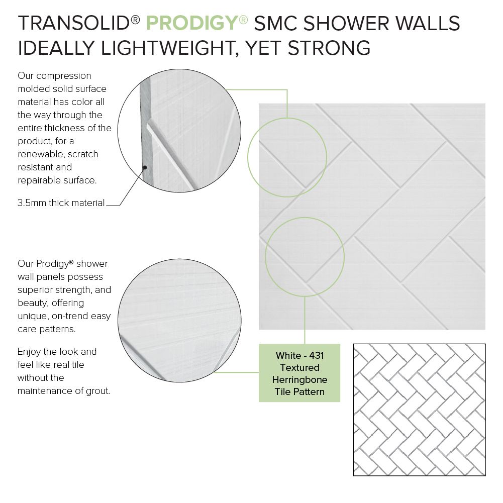 Kit de panel de ducha en alcoba Transolid Prodigy de 60 pulgadas de ancho, 36 pulgadas de profundidad y 96 pulgadas de altura en blanco/espiga de pescado de 6.0 piezas para pegar PWKX60368412-431