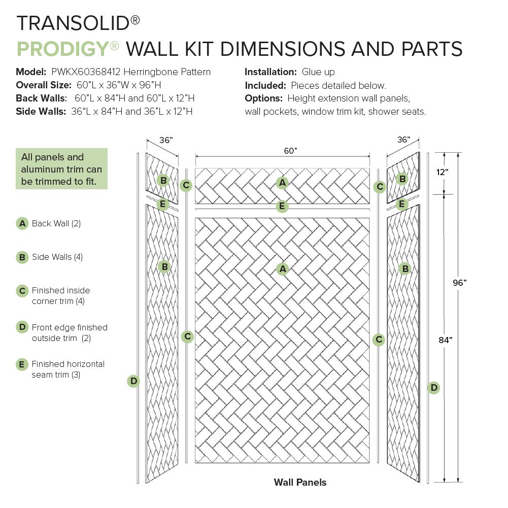 Kit de panel de ducha en alcoba Transolid Prodigy de 60 pulgadas de ancho, 36 pulgadas de profundidad y 96 pulgadas de altura en blanco/espiga de pescado de 6.0 piezas para pegar PWKX60368412-431