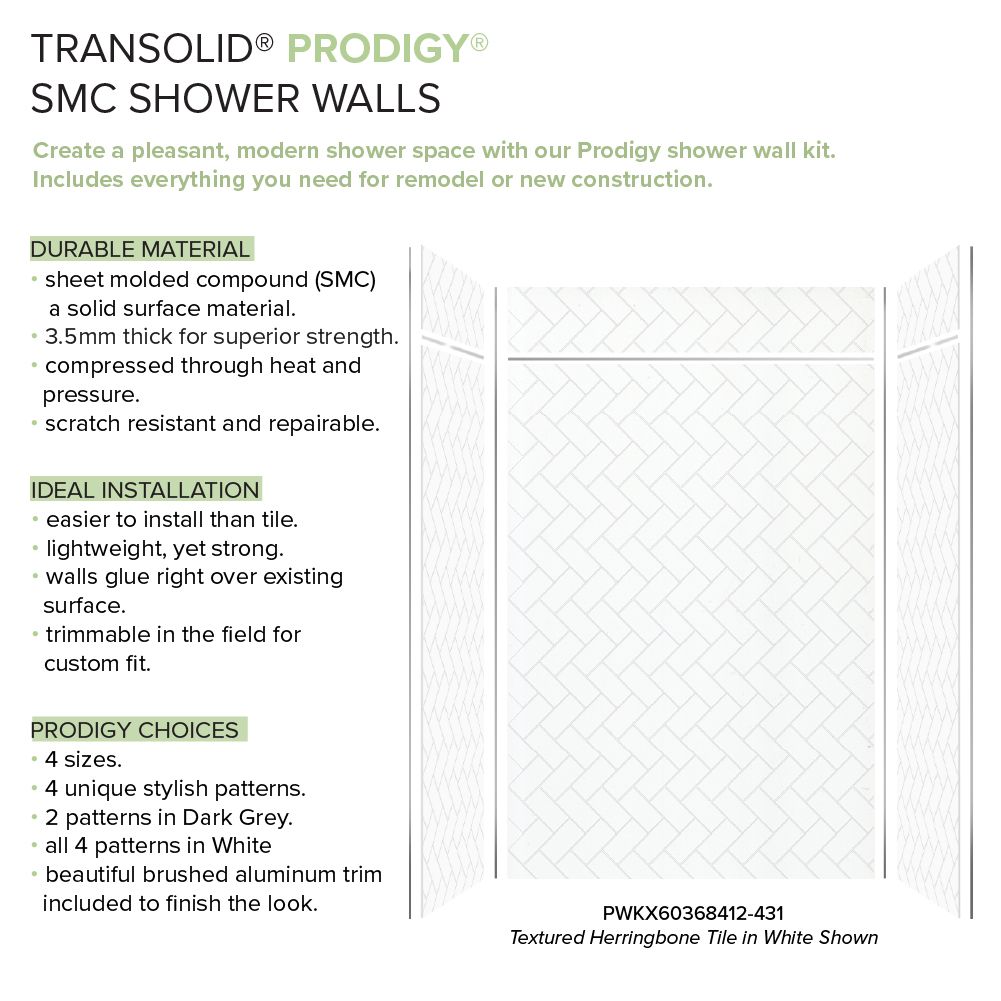 Kit de panel de ducha en alcoba Transolid Prodigy de 60 pulgadas de ancho, 36 pulgadas de profundidad y 96 pulgadas de altura en blanco/espiga de pescado de 6.0 piezas para pegar PWKX60368412-431