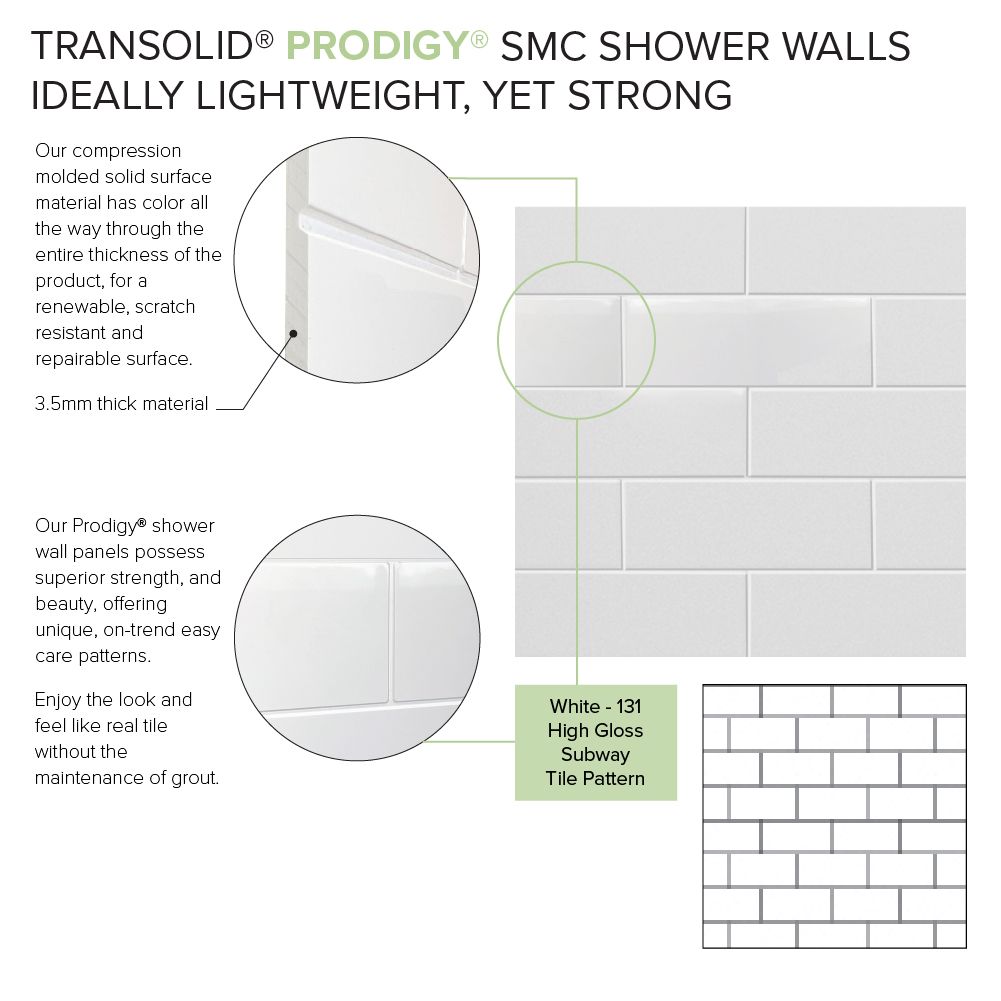 Kit de panel de ducha encajonado Transolid Prodigy 60 pulgadas de ancho x 36 pulgadas de profundidad x 96 pulgadas de alto Blanco/Subway 6.0 piezas para pegar PWKX60368412-131