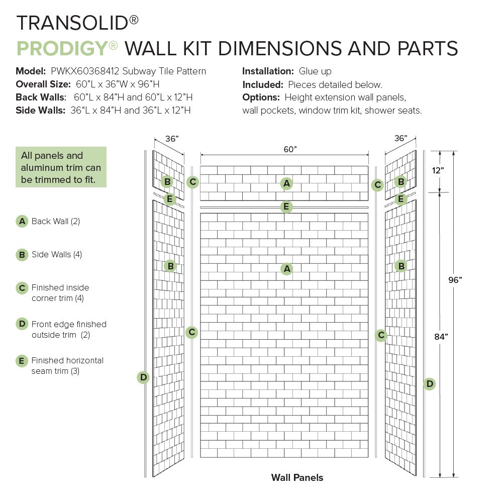 Kit de panel de ducha encajonado Transolid Prodigy 60 pulgadas de ancho x 36 pulgadas de profundidad x 96 pulgadas de alto Blanco/Subway 6.0 piezas para pegar PWKX60368412-131