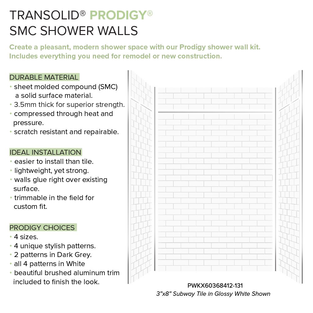 Kit de panel de ducha encajonado Transolid Prodigy 60 pulgadas de ancho x 36 pulgadas de profundidad x 96 pulgadas de alto Blanco/Subway 6.0 piezas para pegar PWKX60368412-131