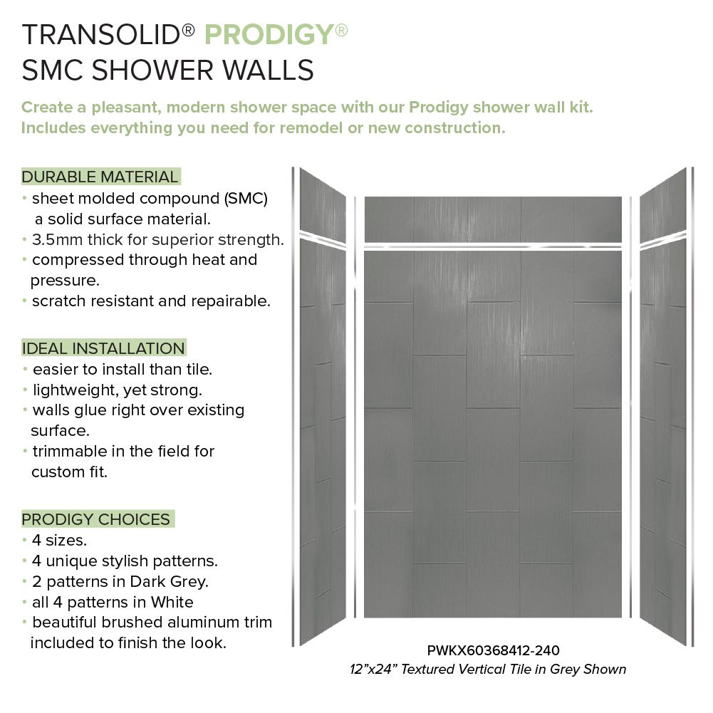 Kit de panel de ducha en ángulo alcoba Transolid Prodigy 60 pulgadas de ancho x 36 pulgadas de profundidad x 96 pulgadas de altura en gris oscuro/vertical 6.0 piezas para pegar PWKX60368412-240