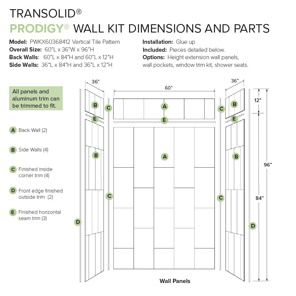 Kit de panel de ducha para nicho de 6.0 piezas Transolid Prodigy de 60 pulgadas de ancho x 36 pulgadas de profundidad x 96 pulgadas de altura en blanco/vertical PWKX60368412-231
