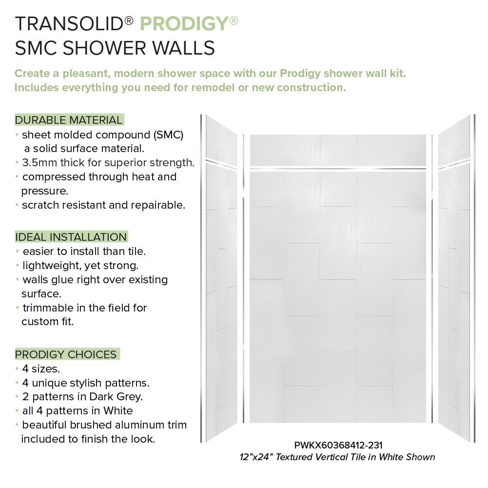 Kit de panel de ducha para nicho de 6.0 piezas Transolid Prodigy de 60 pulgadas de ancho x 36 pulgadas de profundidad x 96 pulgadas de altura en blanco/vertical PWKX60368412-231