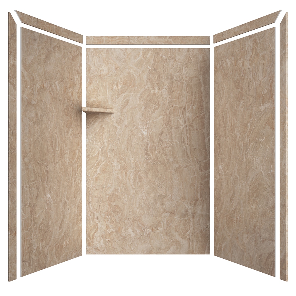 Recubrimiento de pared para regadera en alojamiento de 3 piezas con acabado en marfil alaskano de FlexStone Elegance 3.0, medidas 48 pulgadas de ancho x 36 pulgadas de profundidad x 80 pulgadas de altura.