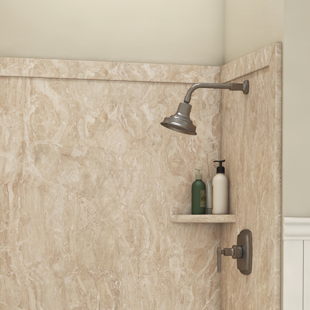 Recubrimiento de pared para regadera en alojamiento de 3 piezas con acabado en marfil alaskano de FlexStone Elegance 3.0, medidas 48 pulgadas de ancho x 36 pulgadas de profundidad x 80 pulgadas de altura.