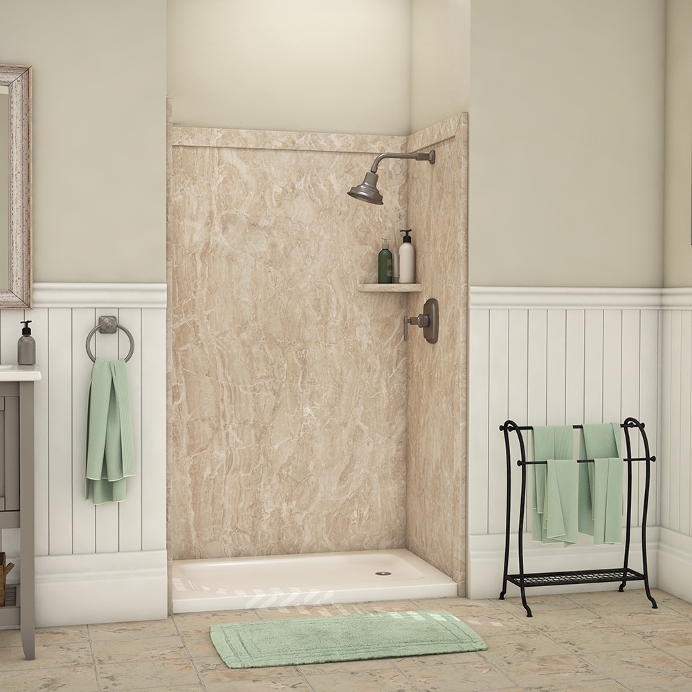 Recubrimiento de pared para regadera en alojamiento de 3 piezas con acabado en marfil alaskano de FlexStone Elegance 3.0, medidas 48 pulgadas de ancho x 36 pulgadas de profundidad x 80 pulgadas de altura.