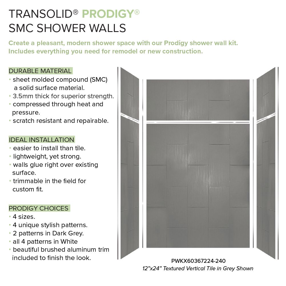 Kit de panel de ducha de alcoba Transolid Prodigy de 60 pulgadas de ancho x 36 pulgadas de profundidad x 96 pulgadas de altura en gris oscuro/Vertical 6.0 piezas para pegar PWKX60367224-240.