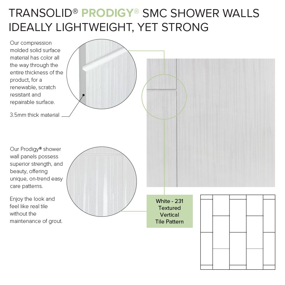 Kit de panel de ducha para alcoba Transolid Prodigy 60 pulgadas de ancho x 36 pulgadas de profundidad x 96 pulgadas de altura en blanco/vertical 6.0 piezas para pegar PWKX60367224-231