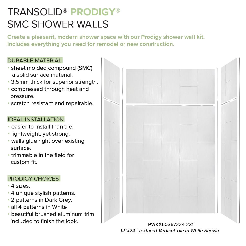 Kit de panel de ducha para alcoba Transolid Prodigy 60 pulgadas de ancho x 36 pulgadas de profundidad x 96 pulgadas de altura en blanco/vertical 6.0 piezas para pegar PWKX60367224-231