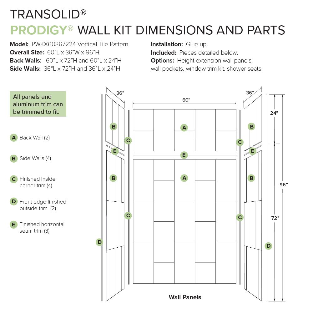 Kit de panel de ducha para alcoba Transolid Prodigy 60 pulgadas de ancho x 36 pulgadas de profundidad x 96 pulgadas de altura en blanco/vertical 6.0 piezas para pegar PWKX60367224-231