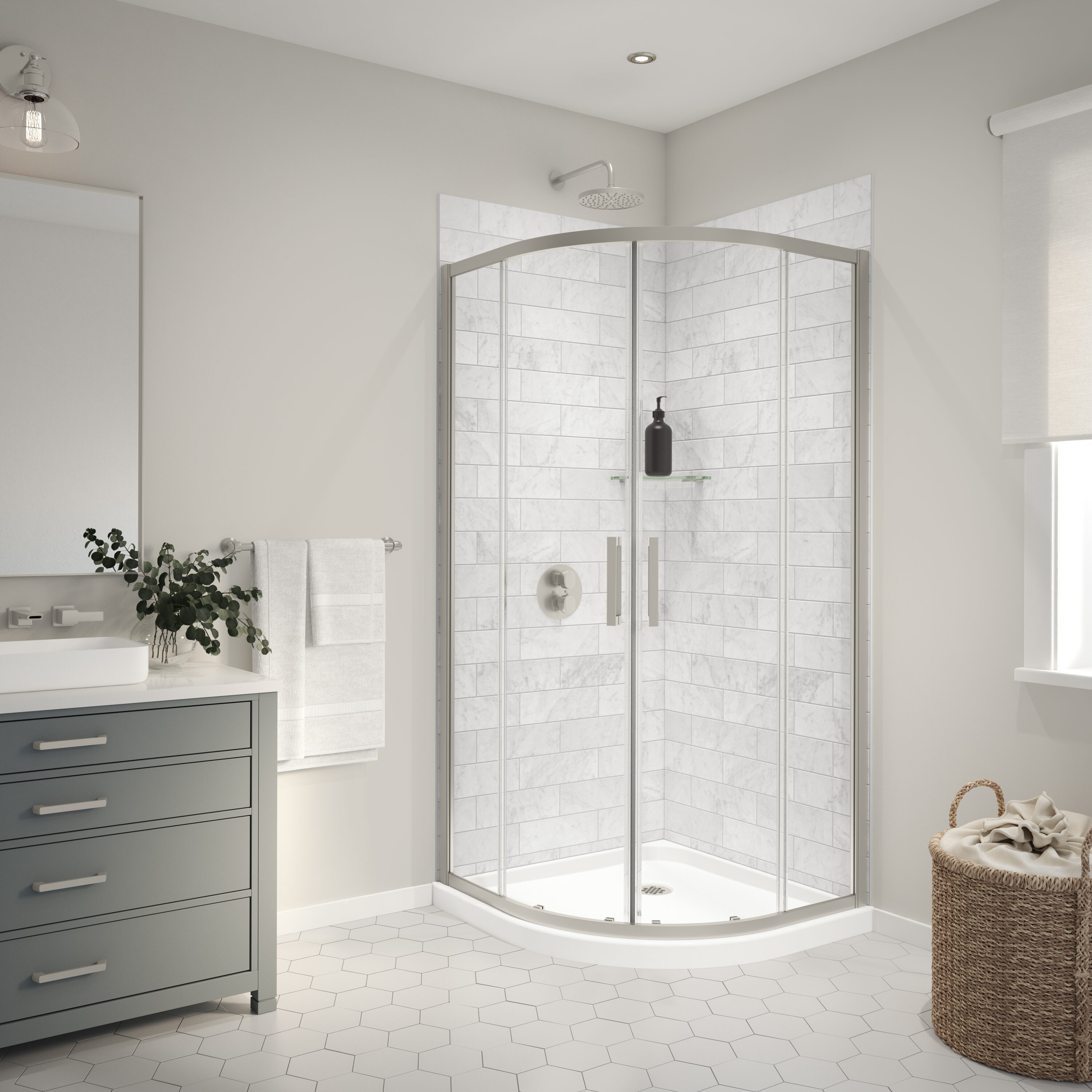 Panel de pared en esquina para ducha directo al muro de 35 pulgadas de ancho x 1.13 pulgadas de profundidad x 80 pulgadas de altura en mármol Carrara de 2 piezas_MAAX Utile 103388-307-508-000.