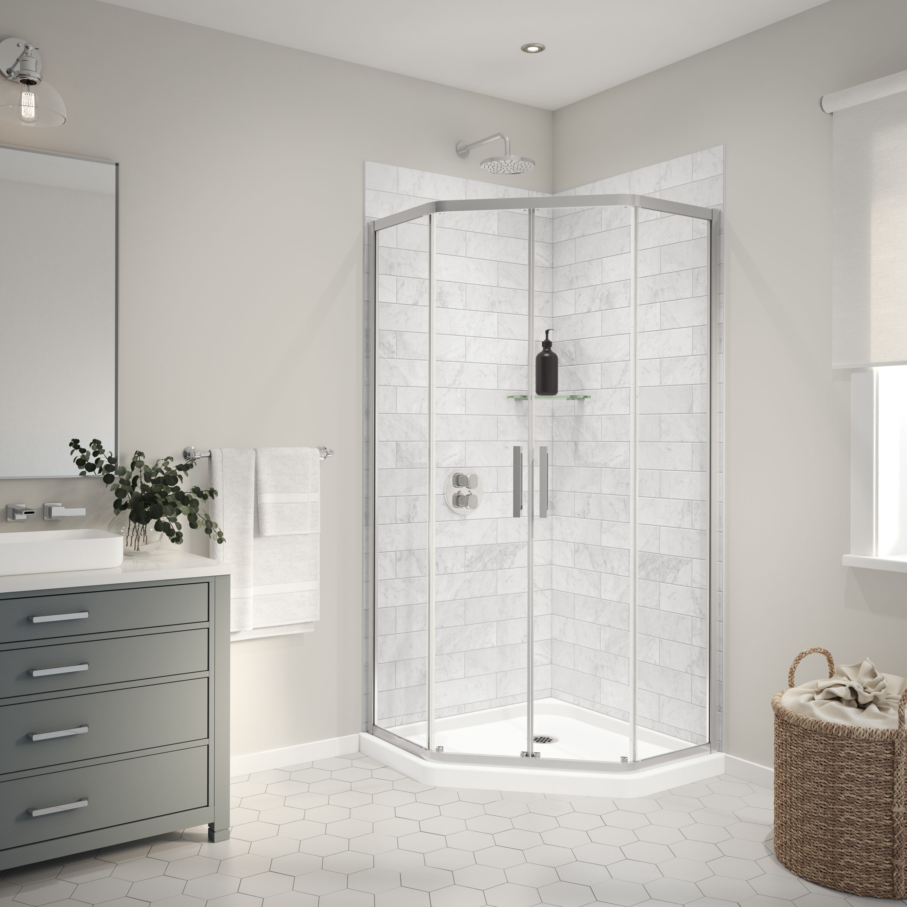 Panel de pared en esquina para ducha directo al muro de 35 pulgadas de ancho x 1.13 pulgadas de profundidad x 80 pulgadas de altura en mármol Carrara de 2 piezas_MAAX Utile 103388-307-508-000.