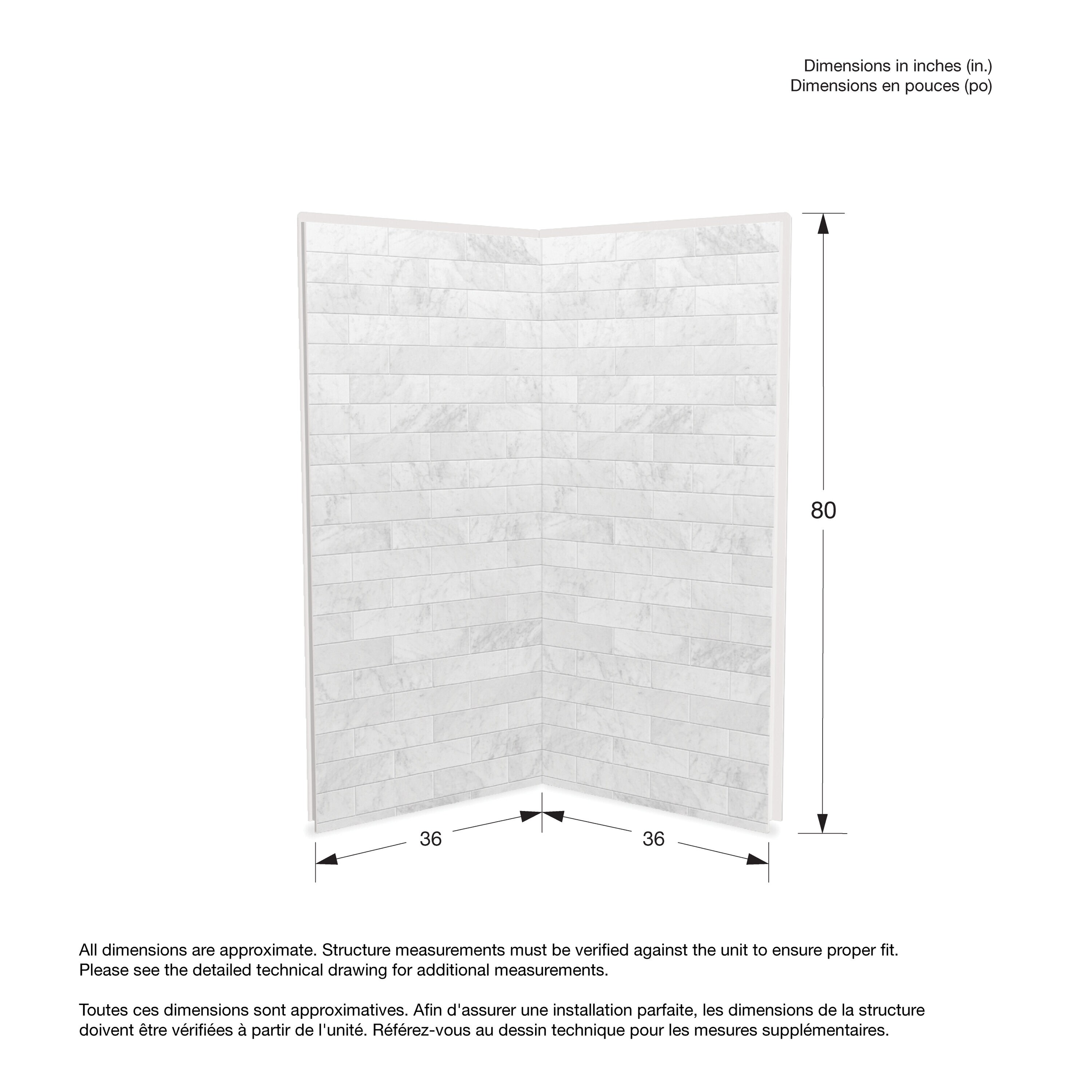 Panel de pared en esquina para ducha directo al muro de 35 pulgadas de ancho x 1.13 pulgadas de profundidad x 80 pulgadas de altura en mármol Carrara de 2 piezas_MAAX Utile 103388-307-508-000.