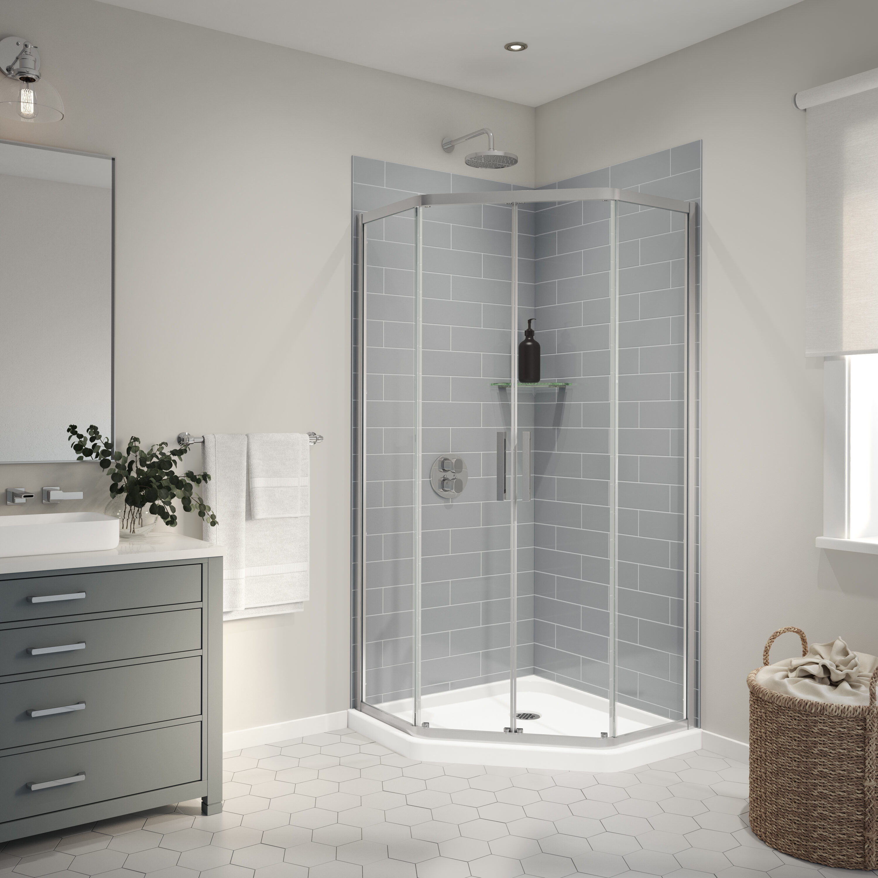 Panel de pared para esquina de ducha directo a la pared de 36 pulgadas de ancho x 1.13 pulgadas de profundidad x 80 pulgadas de alto en gris ceniza metro, de 2 piezas MAAX Utile 103378-301-501-000.