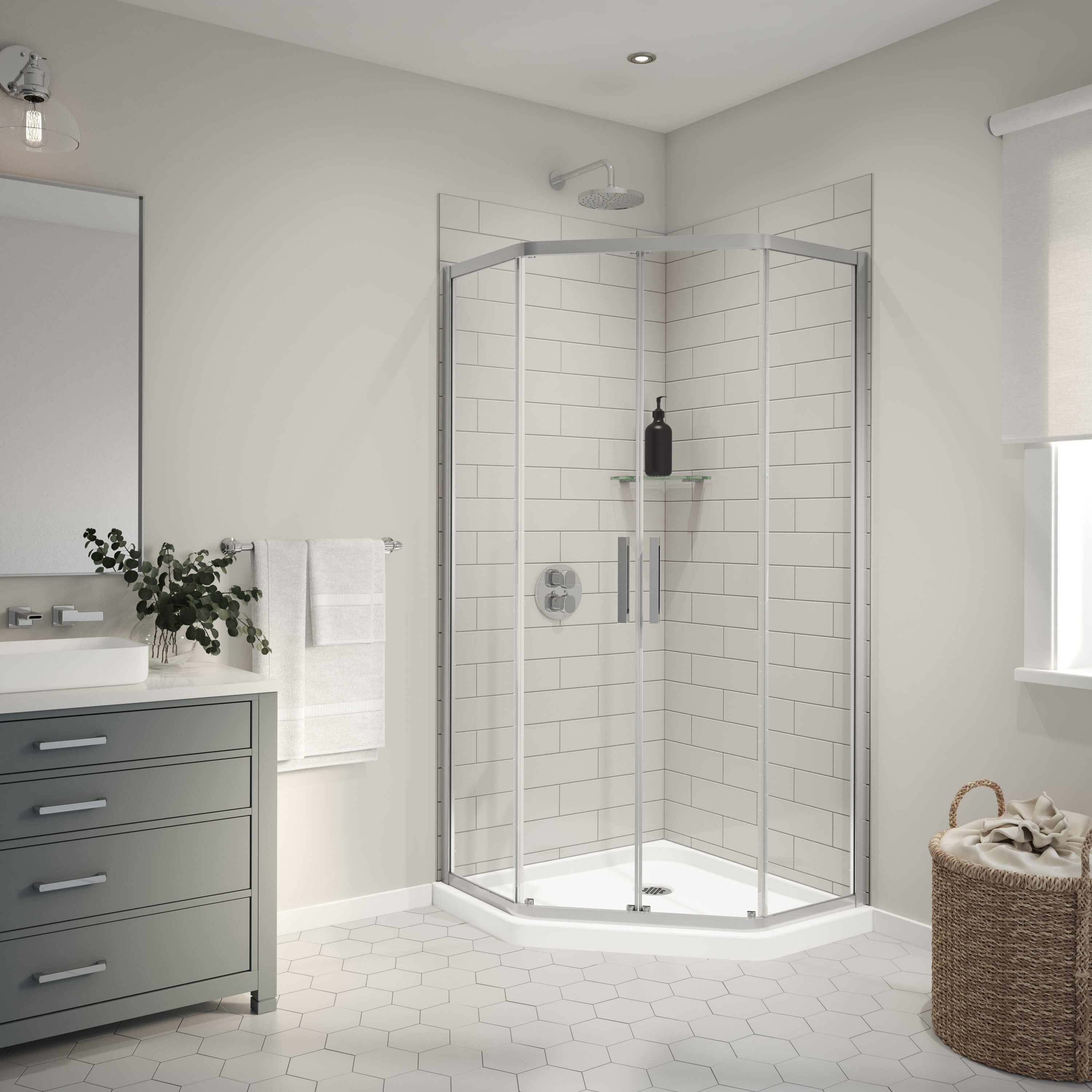 Panel de pared de esquina para ducha directa a tablero MAAX Utile de 36 pulg. de ancho x 1.13 pulg. de profundidad x 80 pulg. de altura en color gris suave Metro 2 piezas 103378-301-500-000